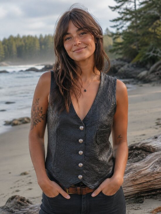 Tops - Vintage Ostrich Leather Vest With Silver Buttons